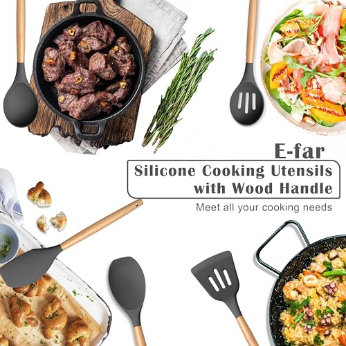 E-far Silicone Cooking Utensils Set, 5-Piece Kitchen Utensils Set with Wooden Handle for Cooking, Silicone Kitchen Nonstick Tools Spatula Turner Slotted Spoons, Nontoxic & Heat Resistant-Gray - color: Gray, size: 5