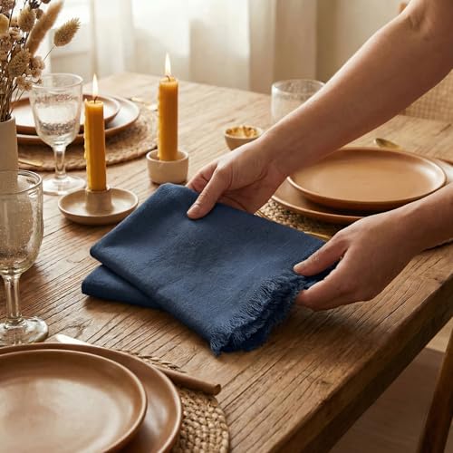 ACCENTHOME Navy Cotton Linen Napkin Set of 6 18x18 inch Dinner Napkins | Cotton Linen Blend Napkins, Machine Wash On Gentle Cycle, Economy Pack, Multi Purpose Use, Cotton - color: 07 - Navy, size: 18" x 18" (Set of 6)