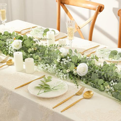 LUWENER 60 Pcs 4 Kinds Mixed Artificial Eucalyptus Leaves Stems,Bulk Fake Silver Dollar Leaves Faux Greenery Branches for Wedding DIY Bouquets, Floral Arrangement & Home Decor | White Silk Roses and Baby Breath Bulk, Fake Silver Dollar Leaves for Wedding