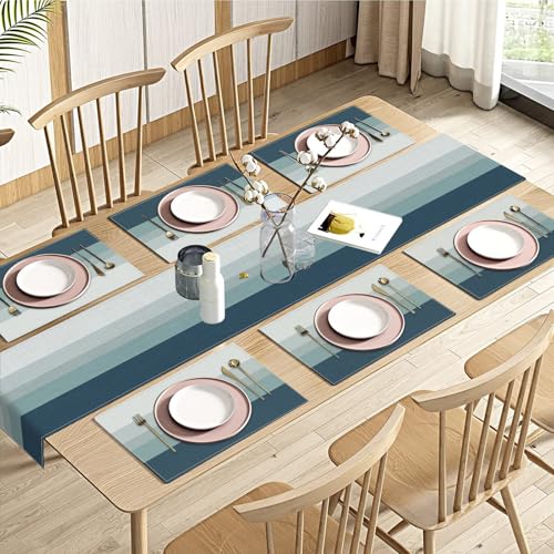 Emvency Table Runner and Placemats Set of 6, Blue Grey Gradient Stripe | Modern Geometric Art Dining Decor for Daily Use(1 Table Runner 72 inches Long and 6 Placemats) - color: Navy Blue Grey Gradient