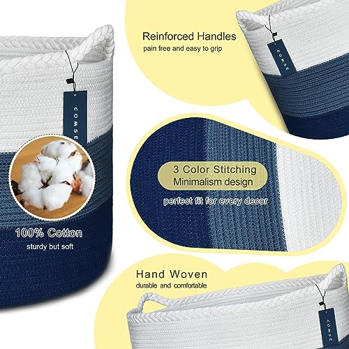 COMSE XXXLarge Woven Blanket & Laundry Basket, 87L, White & Blue | 21.7" x 13.8", Cotton Rope, Nursery Hamper for Storage of Toys Clothes Towels, Ideal for Living Room Bedroom Bathroom - color: White & Cadet Blue & Navy Blue