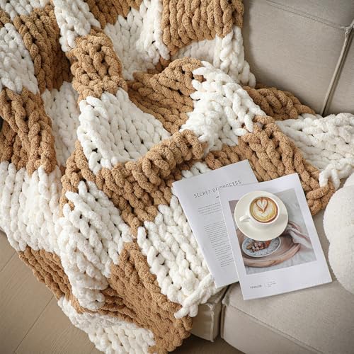 Tudomro Checkered Chunky Knit Throw Blanket for Couch 50 x 60 Inches Neutral Decor 100% Hand Knitted Cozy Soft Large Rope Knot Crochet Blankets for Sofa Living Room(Ivory and Brown)