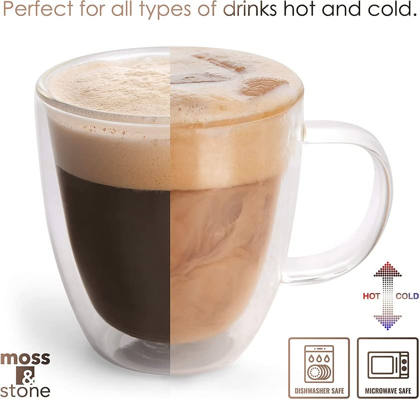 Moss & Stone Set of 4 Double Wall Glass Cup Clear Mug, Double Walled Coffee Mugs 7.4 Oz, Glass Tea Mugs, Insulated Coffee Mug With Handle & 2 Glass Spoons, Cappuccino Cups Set - style: 4 Cups with 2 Spoons