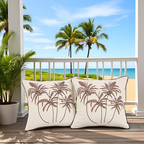 Embroidered Throw Pillow Covers 18x18 Pack of 2 Brown Coconut Trees | Ocean-Themed,Durable Fabric,Square Pillow Cover,Boho Decorative,Hidden Zipper,Aesthetic Design,Ideal Gift,Easy Care - color: Brown Coconut Palm Trees