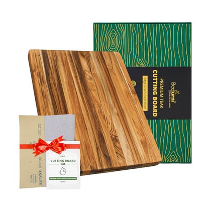 Teak Wood Cutting Board with Hand Grip (20x15x1.25", M) | Wooden cutting boards for kitchen, wood chopping board, butcher block, charcuterie board for serving. Gift box included - size: 22"L x 16"W