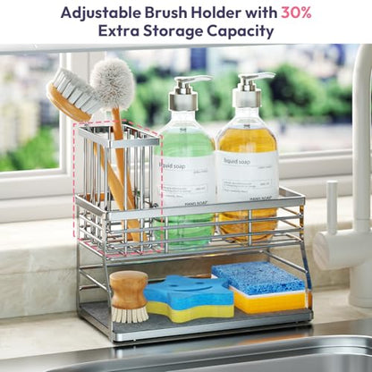 SWTYMIKI Kitchen Sink Caddy Organizer, 2 Tier Sponge Holder for Kitchen Sink with Instant Drying Stone, Removable Brush Holder for Fast Drying on Countertop, Silver - color: Silver-2 Tier