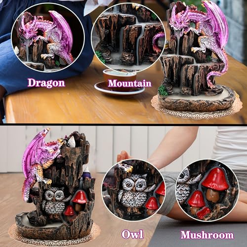 Dragon Backflow 2 Sided Mountain Waterfall Incense Burner,Fountain Smoke Incense Holder with Backflow Incense Cones, Tweezers, Mat，Resin Aromatherapy Meditationvaiuk (Purple) - color: Purple