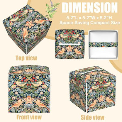 Strawberry Thief Tissue Box Cover Square, William Morris Tissue Box Holder with Bottom Belt Leather Facial Paper Organizer Dispenser for Bathroom Bedroom Dresser Night Stand Tabletop - color: Strawberry Thief