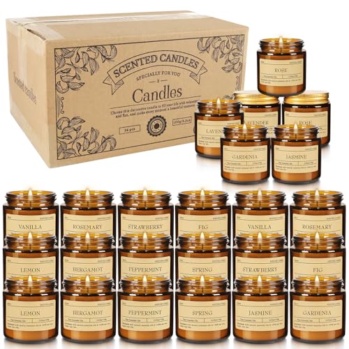 24 Pack Scented Candles Gift Set - Amber Glass Jar Soy Wax Bulk Candles, 12 Fragrances Aromatherapy Candles for Women, Housewarming & Wedding Favors - color: Amber Glass, size: 24 Pack Scented