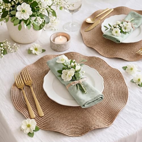 Irenare Scalloped Wedding Rattan Placemats Set of 6 Woven Round Placemat 15 Inch, Wicker Chargers Rattan Table Mat for Dining Table Cup Vase Home Holiday Birthday Party