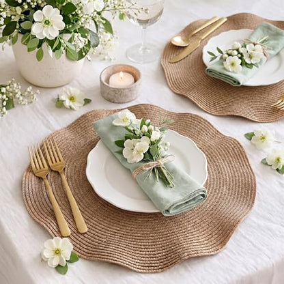 Irenare Scalloped Wedding Rattan Placemats Set of 6 Woven Round Placemat 15 Inch, Wicker Chargers Rattan Table Mat for Dining Table Cup Vase Home Holiday Birthday Party