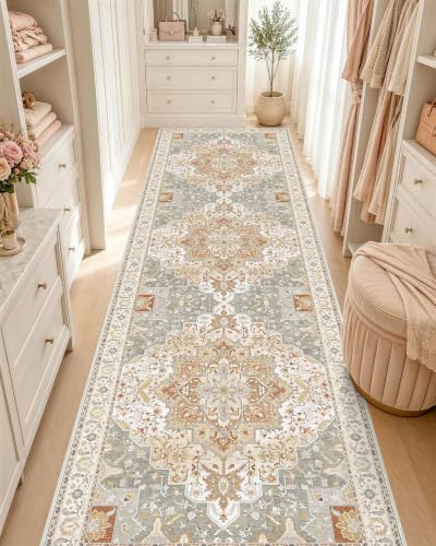 OLANLY 2x7 Washable Runner Rug, Soft Non Slip Carpet for Hallway Kitchen | Beige Boho Vintage Floral Medallion Farmhouse Rug, Spill & Stain Resistant Low Pile, for Entryway Laundry Room Office Bedroom - color: Beige, size: 2' x 7' (Runner)