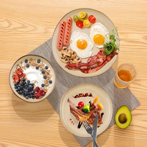 Herogo 12pcs Stoneware Dinnerware Sets for 4, Irregular Handmade Dinner Plates and Bowls, Kitchen Dining Dish Dishware Set, Microwave & Dishwasher Safe, Cream Khaki - color: Cream Khaki, size: 4 Set (12pcs)