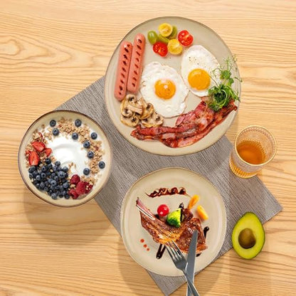 Herogo 12pcs Stoneware Dinnerware Sets for 4, Irregular Handmade Dinner Plates and Bowls, Kitchen Dining Dish Dishware Set, Microwave & Dishwasher Safe, Cream Khaki - color: Cream Khaki, size: 4 Set (12pcs)