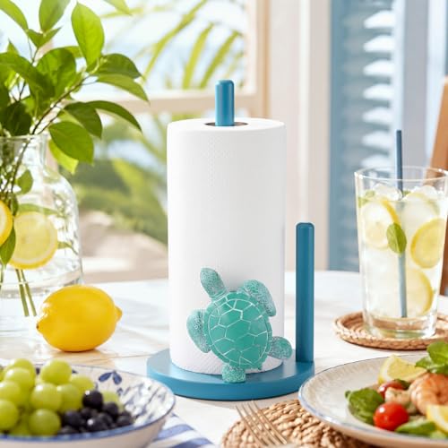 Sea Turtle Paper Towel Holder Cute Turtle Kitchen Decor Countertop Toilet Paper Towel Stand 12.5 Inch Turquoise Resin Decorative Funny Animal Gifts for Coastal Ocean Beach House Home Beachy - style: Sea Turtle