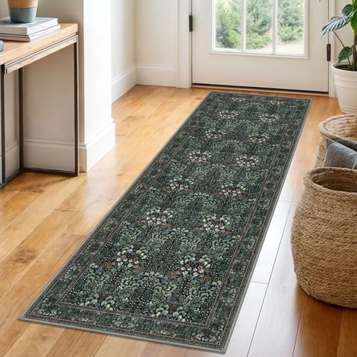 SIILOOM 2x6 Washable Runner Rug, Non Slip Soft Area Rug for Hallway Kitchen | Dark Green(Modern) Boho Vintage Floral Spill & Stain Resistant Low Pile Carpet for Entryway Office Bedroom, Easy Clean - color: Dark Green(modern), size: 2' x 6' (Runner)