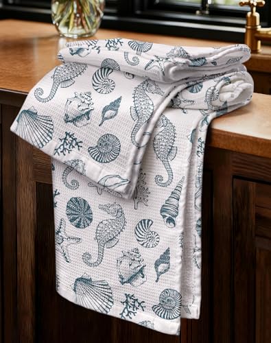 2pcs Cotton Waffle Kitchen Towels, Nautical | Waffle Weave, Terry Cloth, Pure Cotton, Sustainable, 16"x26", Highly Absorbent, with Hanging Loop, Giftable Package - color: Coastal