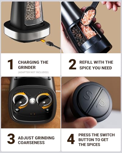 Sangcon 2-in-1 Rechargeable Salt and Pepper Grinder, USB-C Charging Base, One-Handed Automatic Grinder with Adjustable Coarseness & Light, Dual-Chamber Refillable Mill, Housewarming Gifts for Cooks - color: Gunmetal Plus
