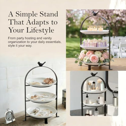 SparkWorks 3 Tiered Cake Stand, Tea Party Serving Platter, Dessert and Cupcake Stand, Metal Tiered Serving Stand Includes Three Premium White Stoneware Plates - size: 8.5 inch