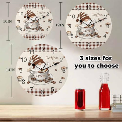 Silent PVC Wall Clock 12 Inch Round Wall Clock Gnomes Coffee Time Brown Plaid Hanging Clock for Kitchen Non Ticking Battery Operated Living Room Mute Clock - color: Coffeecbt3650, size: 12x12inch(30x30cm)