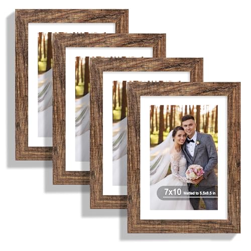 Hongkee 7x10 Picture Frame Set of 4, Made of Real Glass and Rustic Brown Frame - Display 5.5 x 8.5 Diploma Frame with Mat or 7x10 Without Mat, 7 by 10 Photo for Wall or Tabletop - color: Rustic Brown, size: 7x10 in