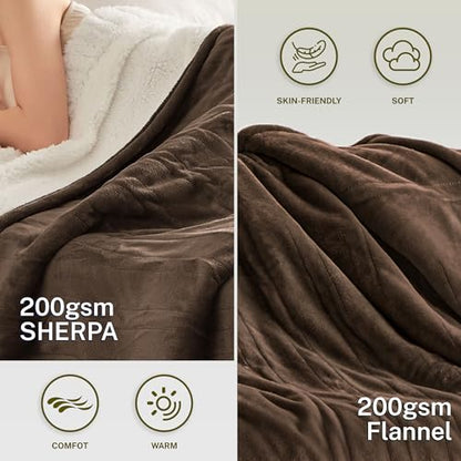 Heat Blanket 50”x60” Throw,Soft Flannel & Sherpa Reversible Electric Blanket with 10 Heat Settings,12 Timer Setting and 8 Hours Auto-Shut Off,ETL Certified Machine Washable,Dark Brown - color: Brown, size: 50*60in