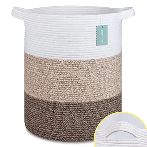 Cotton Rope Blanket Basket, 72L Laundry Hamper, White & Ombre Brown | 16"x 22", Large Collapsible Woven Nursery Hamper with Sturdy Handles for Clothes Toys Towels, Bedroom Living Room Bathroom - color: White & Gradient Brown, size: 72L (16"x22")