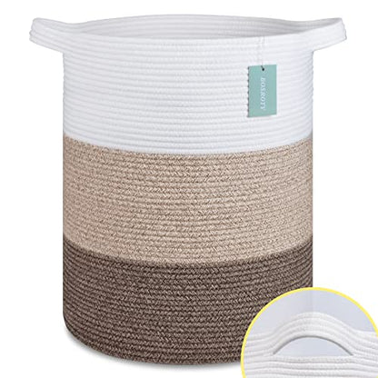 Cotton Rope Blanket Basket, 72L Laundry Hamper, White & Ombre Brown | 16"x 22", Large Collapsible Woven Nursery Hamper with Sturdy Handles for Clothes Toys Towels, Bedroom Living Room Bathroom - color: White & Gradient Brown, size: 72L (16"x22")