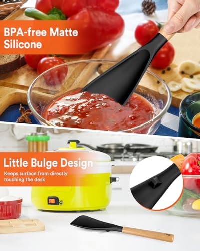 Multifunction Spoon for Nonstick Cookwares, Great for Cooking and Serving, Sturdy BPA-Free Matte Silicone, Wood Handle Spoonula for Mixing, Scoop, and Scrape, Black(2 pack,11.4" & 13.4") - color: Black