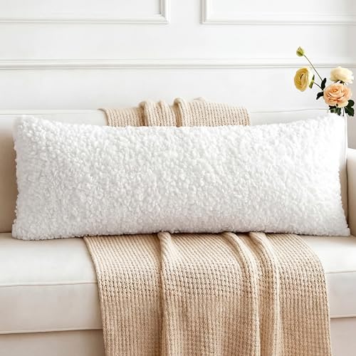 Frienda 14x36 Boucle Lumbar Pillow Cover Cream White Faux Wool Decorative Pillow Cover with Hidden Zipper Soft Textured Long Lumbar Pillowcase for Couch Sofa Bed Modern Home Decor