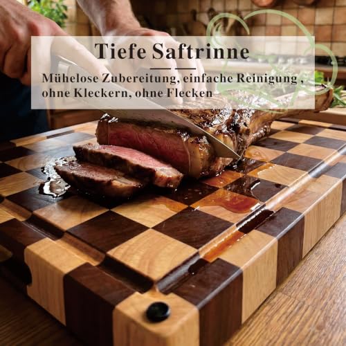 Checkered End Grain Cutting Board with Juice Groove & Handle | 17" x 12" x 1.2" Thick | Acacia & Rubber Wood | Reversible End Grain | Juice Groove | Meat, Bread & Vegetable Prep - color: Checkered Grooved Rectangular