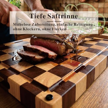 Checkered End Grain Cutting Board with Juice Groove & Handle | 17" x 12" x 1.2" Thick | Acacia & Rubber Wood | Reversible End Grain | Juice Groove | Meat, Bread & Vegetable Prep - color: Checkered Grooved Rectangular