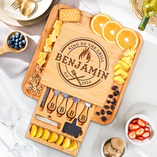 Personalized Charcuterie Board Gifts for Men – Custom Large Cheese Board with Knife & Utensil Set for Fathers Day, Anniversary, Birthday, Christmas Gift Idea for Dad, Papa, Grandpa, Parent