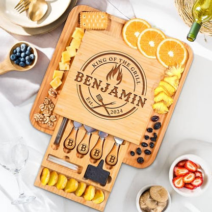 Personalized Charcuterie Board Gifts for Men – Custom Large Cheese Board with Knife & Utensil Set for Fathers Day, Anniversary, Birthday, Christmas Gift Idea for Dad, Papa, Grandpa, Parent