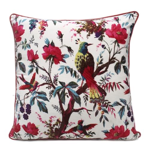 Velvet Floral Flower Bird Throw Pillow Sofa Cushion Cover Case Couch Colorful Boho Chic Bohemian Accent Indian Handmade (White, 16" x 16") - color: White, size: 16" x 16" (Pack of 1)