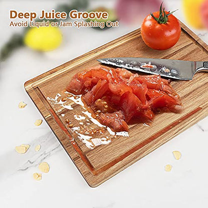 Acacia Wood Cutting Board Set with Juice Groove (3 Pieces), Organic Wooden Cutting Boards for kitchen, Butcher Block Cutting Board for Meat, Vegetable, Wooden Chopping Board 15x10, 12x8, 9x6 inch - color: Light Brown