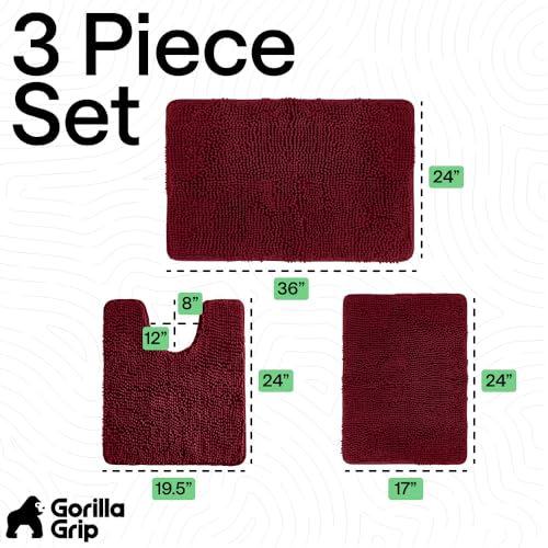 GORILLA GRIP Bathroom Rug Sets 3 Piece, Bath Mat Set and Oval Toilet Base with Rubber Backing, Plush Absorbent Shaggy Chenille Washable Mats, Includes 24x19.5, 24x17 and 36x24 Inch Rugs, Burgundy - color: Burgundy, style: 24"x19.5" + 24"x17" + 36"x24" - 3