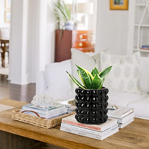 6 Inch Ceramic Planter Pot for Indoor Plants with Drainage Hole Bubble Flower Planter Hobnail Plant Pot Garden Planter Black Succulent Plant Pot Utensil Holder - color: Black # 6 Inch