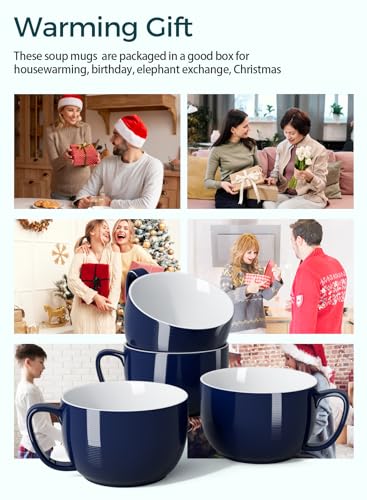 Teocera Porcelain Coffee Mugs, Soup Mugs Bowls with Handle, 24 oz Latte Mugs Set of 4 - Striped Design, Navy - color: Navy