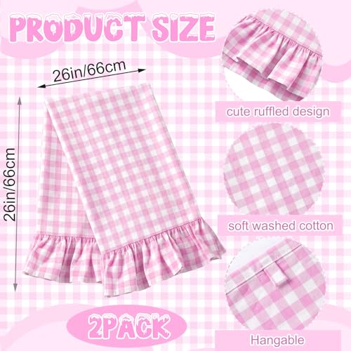 HunnmingRe Hot Pink Kitchen Towels Set of 2, 100% Cotton Ruffled Gingham Dish Towels 18"x28" Absorbent Tea Cloths Classic Plaid Pattern for Farmhouse Charm, Drying Dishes, Entertaining Guests - color: Hot Pink, style: Gingham