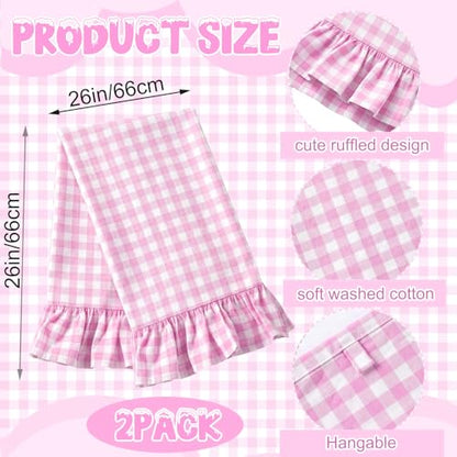 HunnmingRe Hot Pink Kitchen Towels Set of 2, 100% Cotton Ruffled Gingham Dish Towels 18"x28" Absorbent Tea Cloths Classic Plaid Pattern for Farmhouse Charm, Drying Dishes, Entertaining Guests - color: Hot Pink, style: Gingham