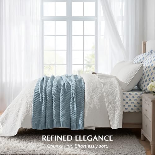 EVERGRACEHOME Chunky Chenille Knit Throw Blanket, 50 x 60, Chambray Blue | Sculpted Moss Stitch, Chic Modern Farmhouse, All-Season Warmth, OEKO-TEX® Certified, Elegant Blanket for Couch, Bed, Sofa - color: Chambray Blue, size: 50" X 60"