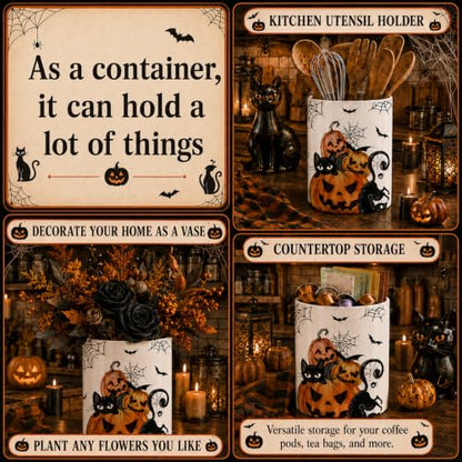 Halloween Utensil Holder, Spooky Ceramic Kitchen Utensil Holder, Utensil Crock for Home Kitchen Countertop Storage Organizer Container, Large Holder for Spatulas, Spoons, Kitchen Counter Decor, 6"