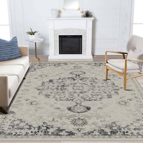 Area Rug 9x12 Washable Gray Vintage Traditional Mat Distressed Indoor Foldable Thin Retro Accent Floral Non Slip Carpet for Living Room Dining Room Office - color: Black, size: 9' x 12' (Rectangular)