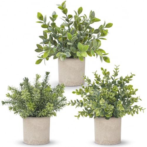 Der Rose 3 Pack Fake Plants Artificial Plants for Office Bathroom Decor | Sage green frosted eucalyptus, pet and child safe, maintenance-free, desk shelf kitchen bedroom coffee table farmhouse decor - color: Grey