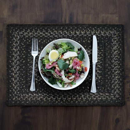 Homespice Jet Black Jute Braided Placemats, Rect 13x19 Set of 6 | Black Protects Tabletop in Style and Everyday and Holiday Table Mats, Rich Colors, Reversible, Durable and Easy to Clean - color: Jet Black