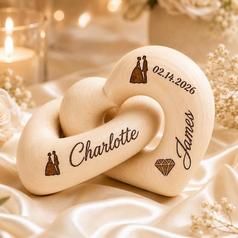 Personalized Interlocking Wooden Hearts, Custom Name Date Engraved Couple Gift, Wedding Anniversary Keepsake, Romantic Decor, Valentine Gift, Bridal Shower Gifts, Engagement Present 1 - color: Design 01