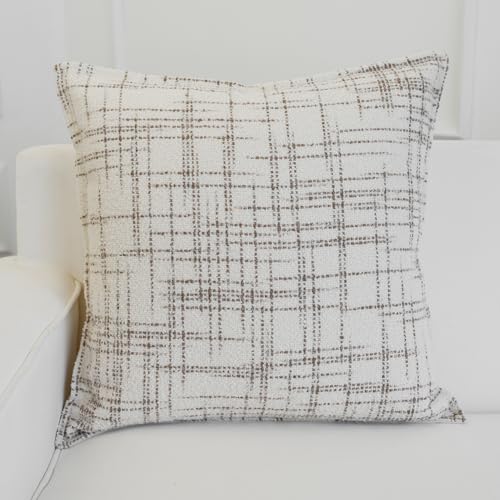 THE-TINOART Luxury Boucle Jacquard Plaid Pillow Cover - Beige Cocoa Decorative Throw Pillow Case for Modern Apartment and Accent Chair, Scandinavian Neutral, 18x18 Inches - color: Cocoa Plaid, size: 18" x 18" (Pack of 1)