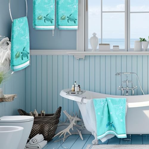 2 Pcs 13.7x29.5 Inch Sea Turtle Hand Towels | Jacquard 100% Embroidered Cotton, Soft Coastal Summer Beach Towel, Kitchen Bathroom Home Decor Gift