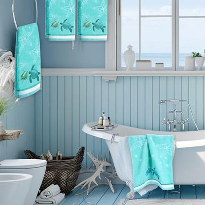 2 Pcs 13.7x29.5 Inch Sea Turtle Hand Towels | Jacquard 100% Embroidered Cotton, Soft Coastal Summer Beach Towel, Kitchen Bathroom Home Decor Gift